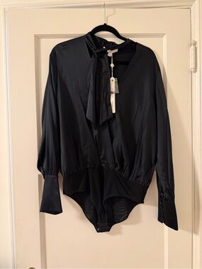 Jonathan Simkhai Black Satin Tie-Neck Long-Sleeve Bodysuit